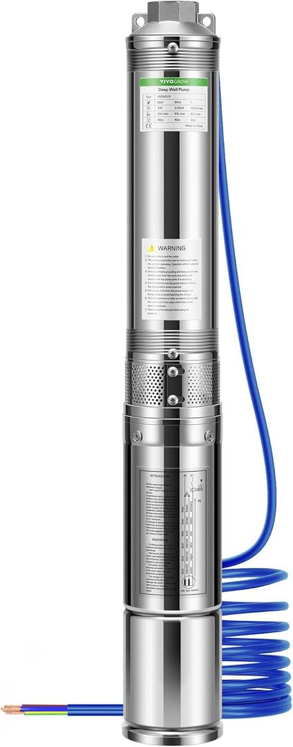 Submersible Deep Well Pump, 1HP 230V/60Hz, 33GPM, 207ft Head, Stainless Steel Water Pump with Additional Brass Check Valve and 30ft Power Cord for Irrigation, Industrial & Home Use