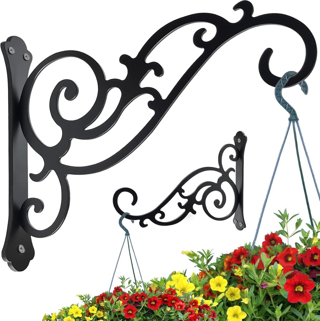 Hanging Planter Hooks 2 Pcs,Outdoor Hanging Brackets Wall Hook Heavy Duty Brackets,Black Iron Planters Hook Indoor/Outdoor Planter Hanger Brackets (12 inch)