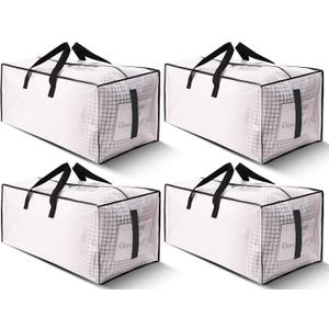 4 Pack Large Strong Moving Bags with Zippers & Carrying Handles - Water-Resistant - Heavy Duty Storage Tote for Space Saving, Fold Flat, Alternative to Moving Box (Semi-Transparent)
