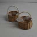 Elegant Wedding Flower Girl Basket with Pearl Handle and Ribbon Bow, Bowknot Satin Flower Basket for wedding, Rustic Handwoven Wicker Flower Basket, Versatile Picnic Baske t for Outdoor (2PCS)