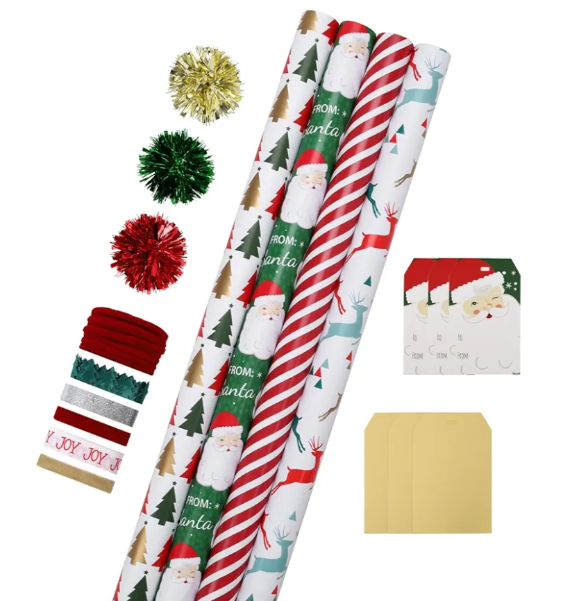 LaRibbons Christmas Wrapping Paper Sets, Reindeer & Santa & Candy Cane Stripes Design with Ribbons & Gift Tags & Metallic Pom Pom for Christmas, Holiday, 30Inch × 10Feet（ 4 Rolls: 100 Sq.Ft.Ttl）