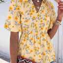 Womens Puff Sleeve Floral Babydoll Tops Lapel Collar V Neck Ruffle Peplum Blouse Smocked Tunic Top Dressy Tee Shirts (Yellow, M)