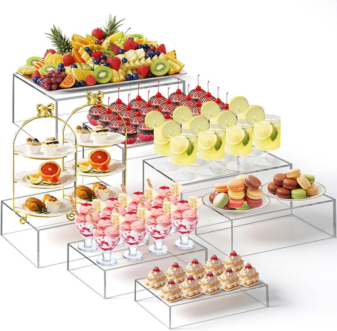 Leinuosen 7 Pcs Extra Large Buffet Risers Set 10" to 16" Rectangle Acrylic Display Box Catering Dessert Table Riser Food Display Decorative Stand with Hollow Bottom for Catering Supplies(Clear)
