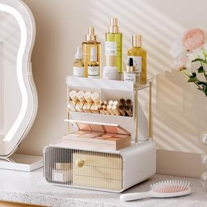 TidyStash Makeup Organizer Countertop with Big Drawer, Bathroom Counter Organizer with Makeup Brush Holder, Easy Assembly for Skincare & Perfume, Vanity, Dresser, or Sink Counter, Clear