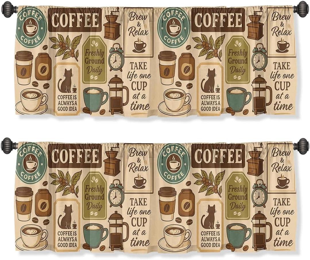 Coffee Curtain Valance for Windows 2 Pack, Farmhouse Style Retro Cafe Vintage Rod Pocket Window Treatments Short Curtains for Kitchen Windows Bathroom Bedroom 54x18 Inch