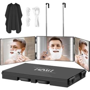 LMZNXCZ with LED Lights 3 Way Mirror for Self Hair Cutting,360 Haircuts Mirror Men for Barber Use Tools,to See Back of Head,Tri Fold with Portable Height Adjustable Telescoping Hooks