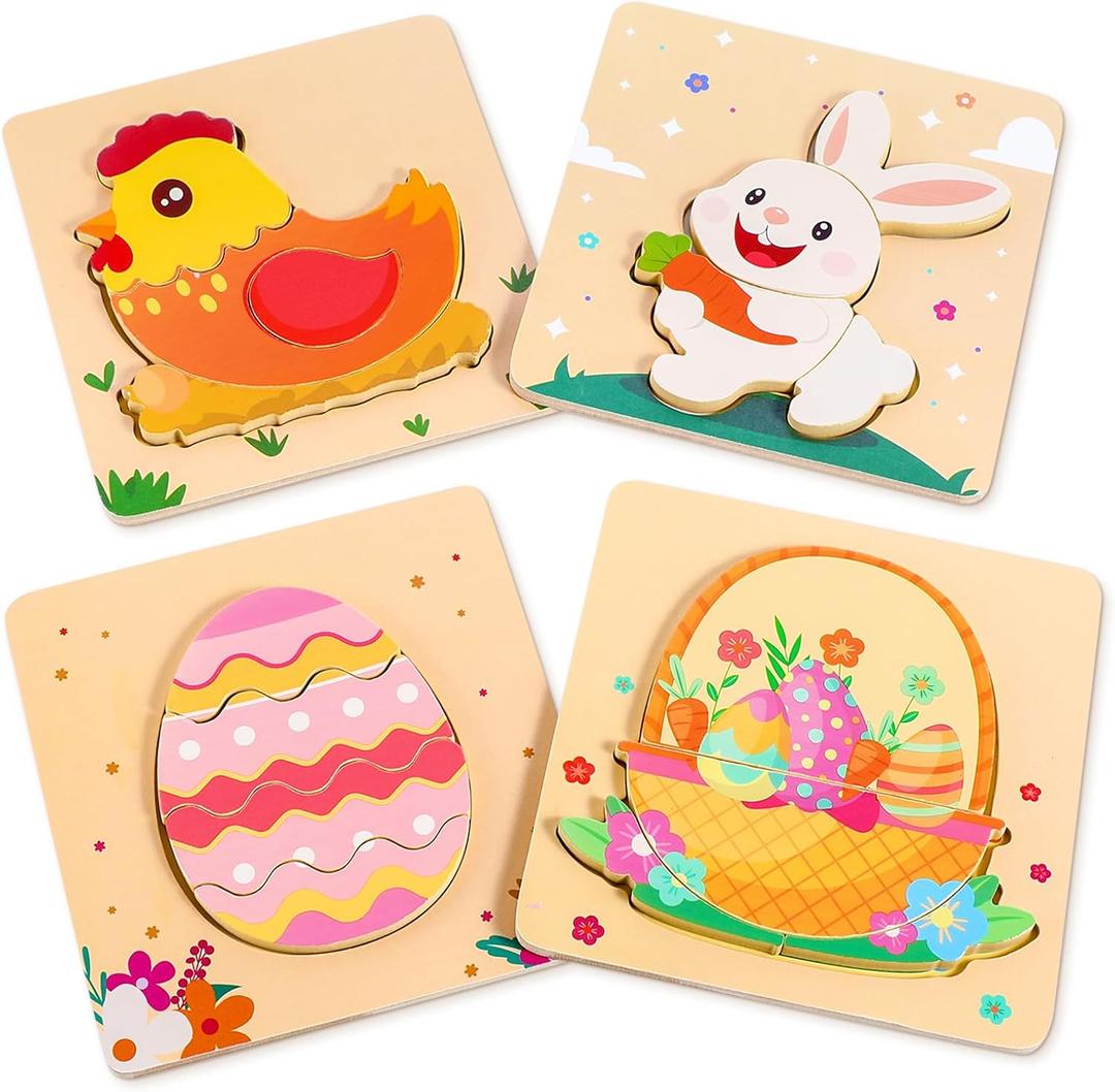 4 x Easter Wooden Puzzles for Toddler - 4 Pack Basket Stuffers Fillers Puzzle Toys for Boys Girls, Jigsaw Learning Educational Gifts Party Favors for Kids