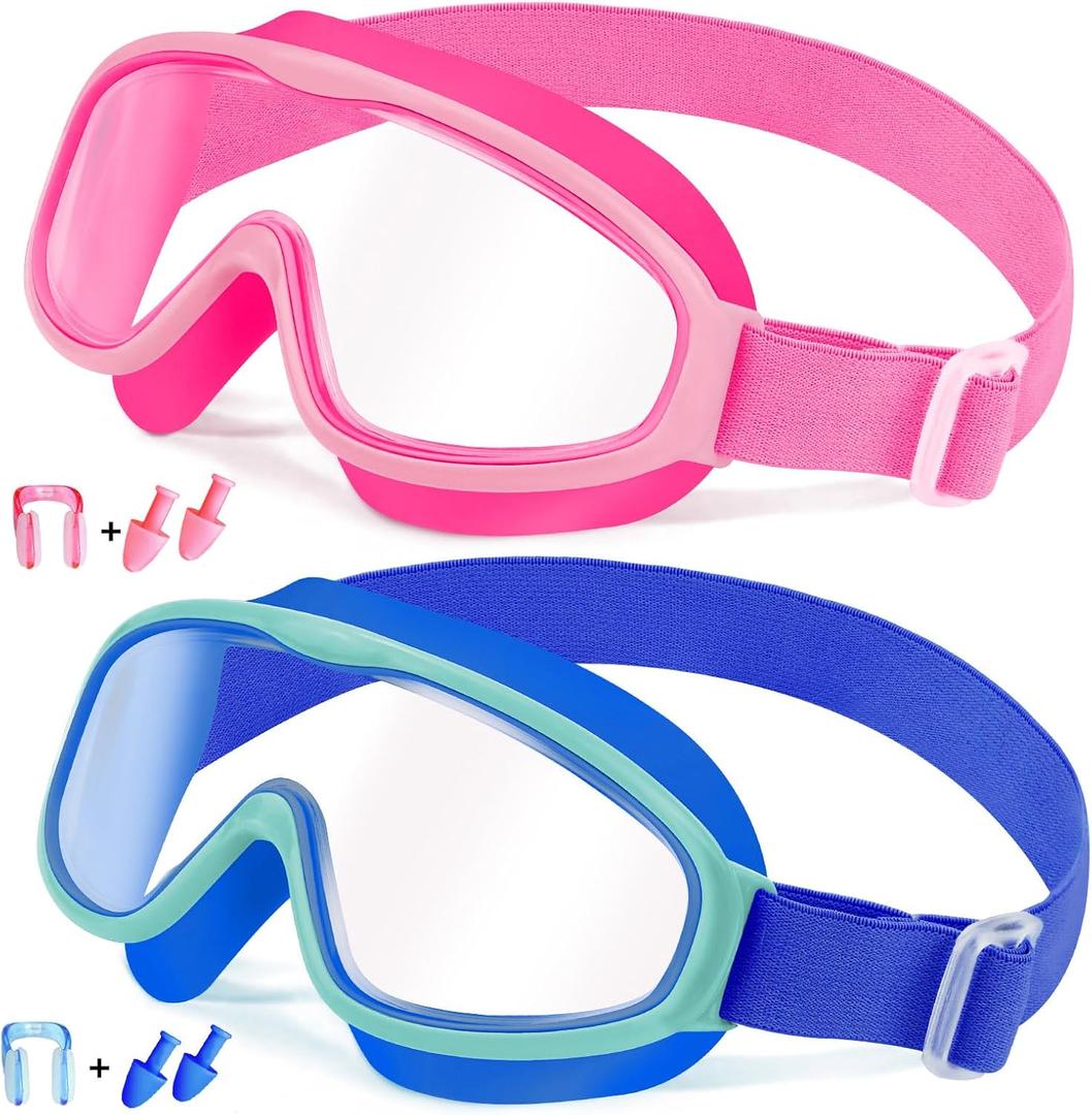 Vvinca Kids Goggles with Comfort Fabric Strap, Kids Swim Goggles Wide View Anti-Fog/UV No Leaking Swimming Goggles for 3-14 (05-blue Mint Green& Pink)