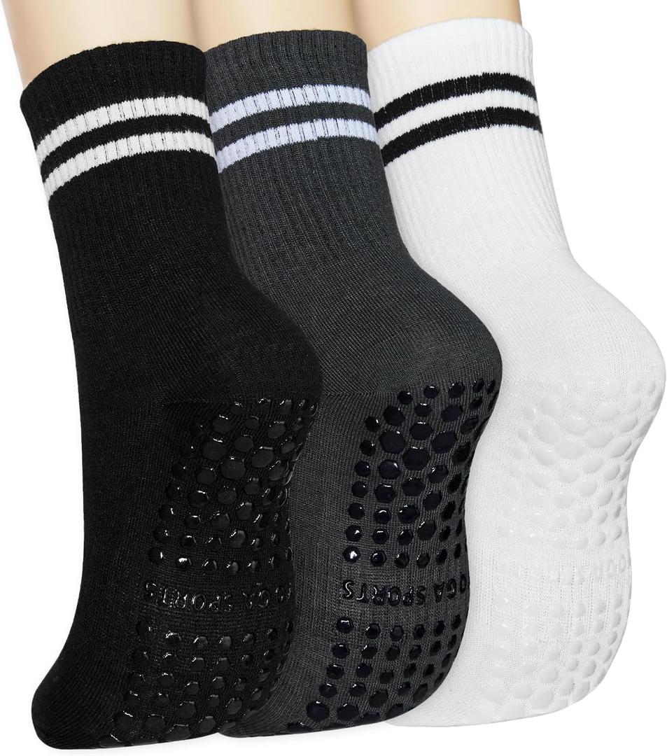 Grippy Pilates Socks with Grips for Women, Non Slip Yoga Socks, 3 Pairs (Striped-Black-White-Gray)