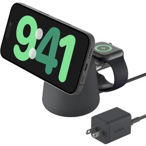 Belkin 2-in-1 MagSafe Wireless Charging Dock 15W Fast Charge iPhone Charger Compatible with iPhone 17, 16, 15, and 14 Series, AirPods, Pixel 10, and Other MagSafe Enabled Devices, PSU Included - Black