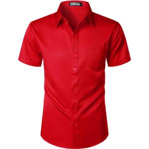 ZEROYAA Men's Casual Urban Stylish Slim Fit Short Sleeve Button Up Dress Shirt with Pocket (Red) S