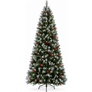 7FT Pre-Lit Artificial Christmas Tree, Snow Flocked Hinged Pine Tree with Warm White Lights, Red Berries & Pine Cones, Full Realistic Xmas Tree for Holiday Indoor Home Office Christmas Decorations