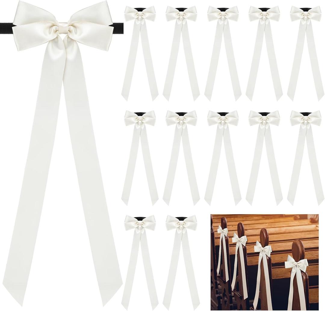 Mindsoft 12 Pcs Ivory Bows Wedding Aisle Decorations 3.94 x 11.8 inch Satin Bows for Chairs Decorative with Nylon Self-Adhesive Tape for Pew Back Elegant Ribbons for Wedding Background Aisle Decor