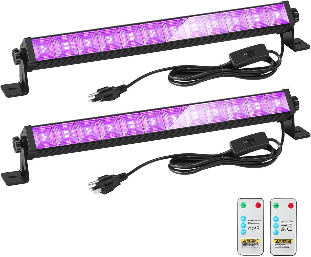 48W LED Black Light Bar with Remote and Switch, Black light Bars with Plug and 6.5ft Cord, Black Light for Glow Party,Halloween,Bedroom,2 Pack