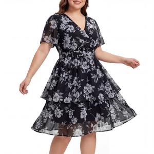 Plus Size Women Wedding Guest Dresses V Neck Tiered Chiffon Short Sleeves Empire Waist Semi Formal Cocktail Dress XXL