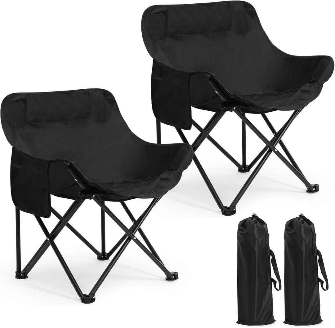2 Pack Compact Camping Chairs Portable Folding for Outside with Carry Bag Lightweight Moon Chairs for Travel Picnic Hiking Beach Fishing, 600D Oxford, Supports 330lbs(Black), 27.17 x 17.72 x 17.72 inches