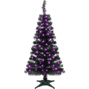 Juegoal Lighted Artificial Halloween Black Christmas Tree, 4FT Black Tinsel Pine Tree with 70 LED Purple Lights, 8 Modes & Timer for Home Party Decorations