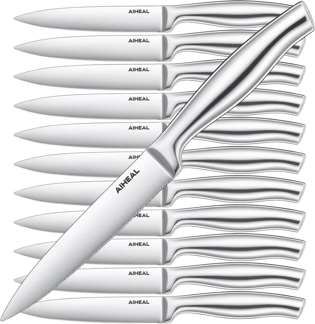 Aiheal Steak Knives, Stainless Steel Steak Knives Set of 12, Never Needs Sharpening Dinner Steak Knife Set, Sharp Micro Serrated Knives