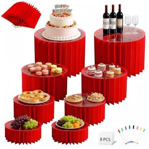 Vipxsa 8 Pack Foldable Risers For Table Display, Thick Acrylic & Cardboard Foldable Cake Risers, Complete Multi-Level Display Solution for Wedding, Birthday, Party & DIY Dessert Tables (Red)
