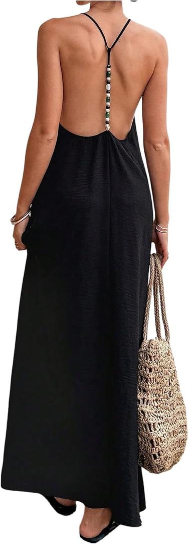 Verdusa Women's Backless Cami Dresses Linen Maxi Dress Sundress Open Back Vacation Beach Summer Outfits, Large, Black