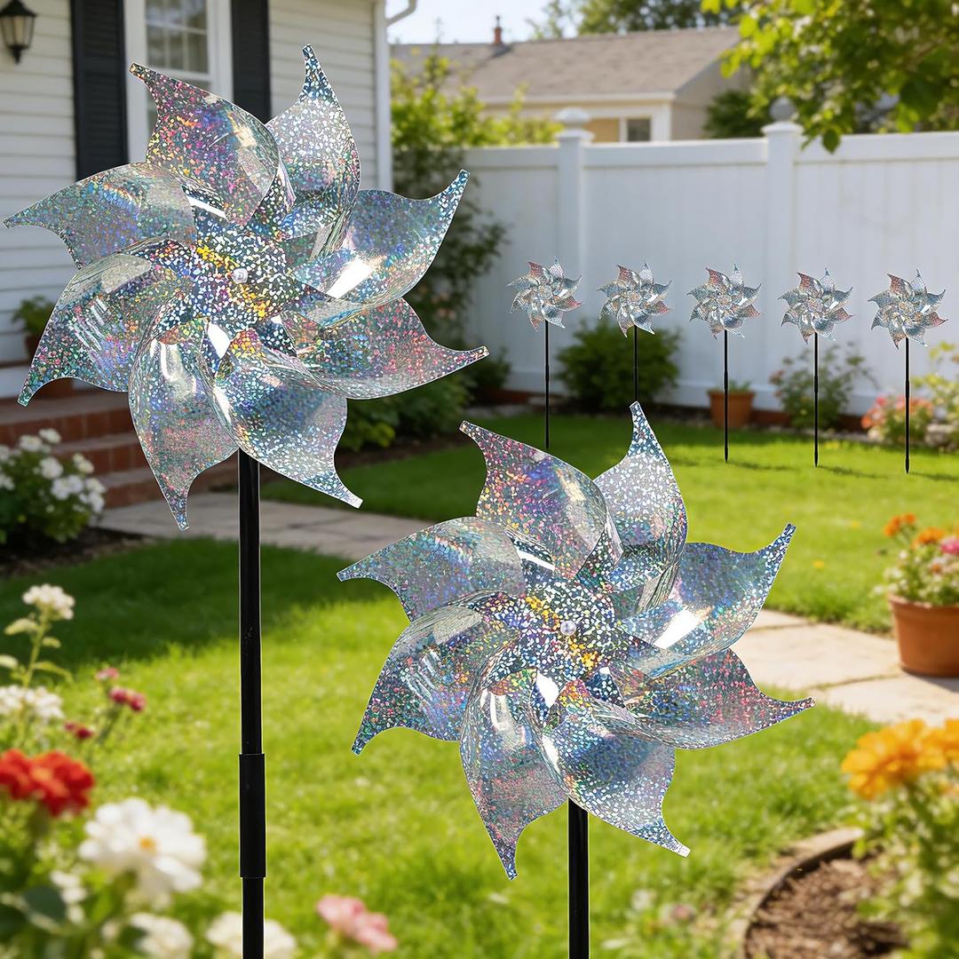 Reflective Pre-Assembled Bird Pinwheels, 12 Pack Foil Bird Scare Wind Spinners with Stakes for Outdoor Yard, Garden, Patio, Farm and Orchard to Keep Birds and Animals Away
