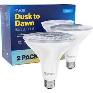 Sunco Outdoor LED Flood Light, Waterproof PAR38 Dusk to Dawn Bulb, 1250 LM, 120W Equivalent 15W, Exterior, Wet-Rated, 3000K Warm White, E26 Base, UL 2 Pack.