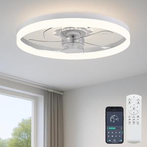 Fszdorj 20 Ceiling Fan with Light, Upgraded Low Profile Fan, Flush Mount Ceiling Fan, 6 Speeds, Dimmable LED, App & Remote Control, Quiet DC Motor, for Bedroom, Living Room, F115 White
