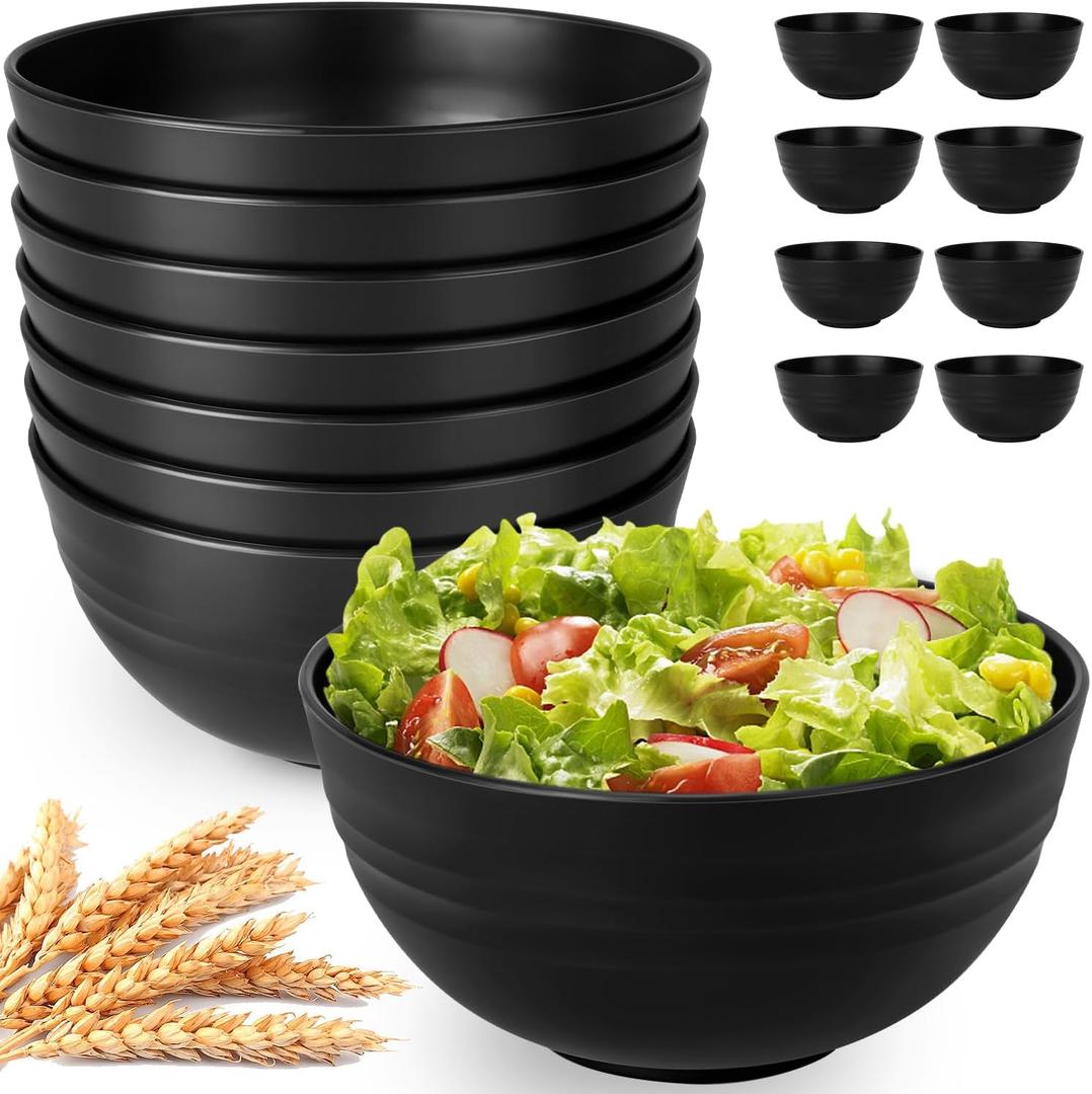 Unbreakable Cereal Bowls Set of 8, 26 Oz Wheat Straw Bowl Sets, Microwave & Dishwasher Safe Bowls for Kitchen, Reusable Plastic Bowl for Soup, Salad, Rice, Snack, BPA Free, Balck