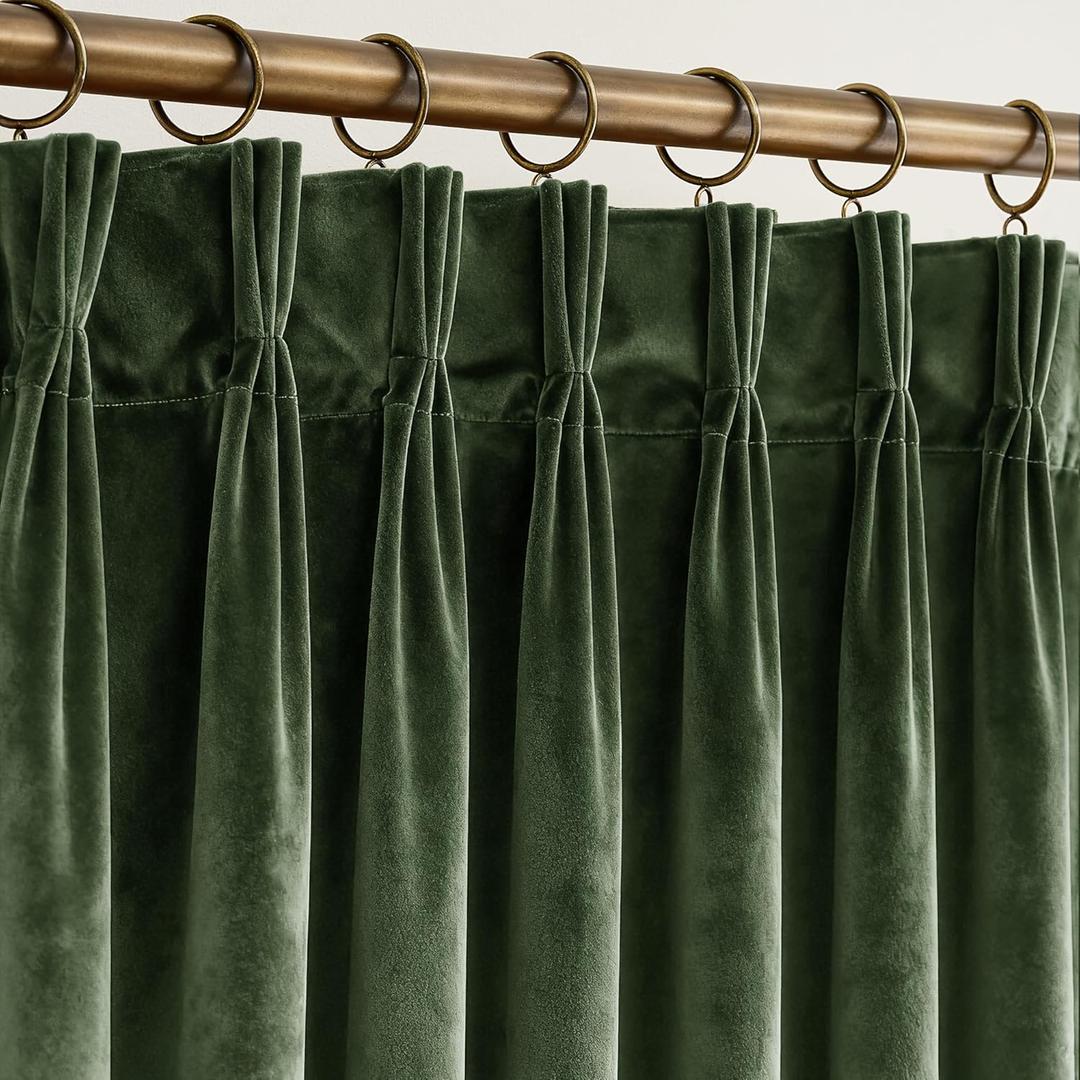 Olive Green Pleated Velvet Blackout Curtains 84 inches Long 2 Panels Set Thermal Insulated Triple Pinch Pleat Velvet Drapes Room Darkening Thick Luxury Modern Minimalism Forest Green Christmas Decor