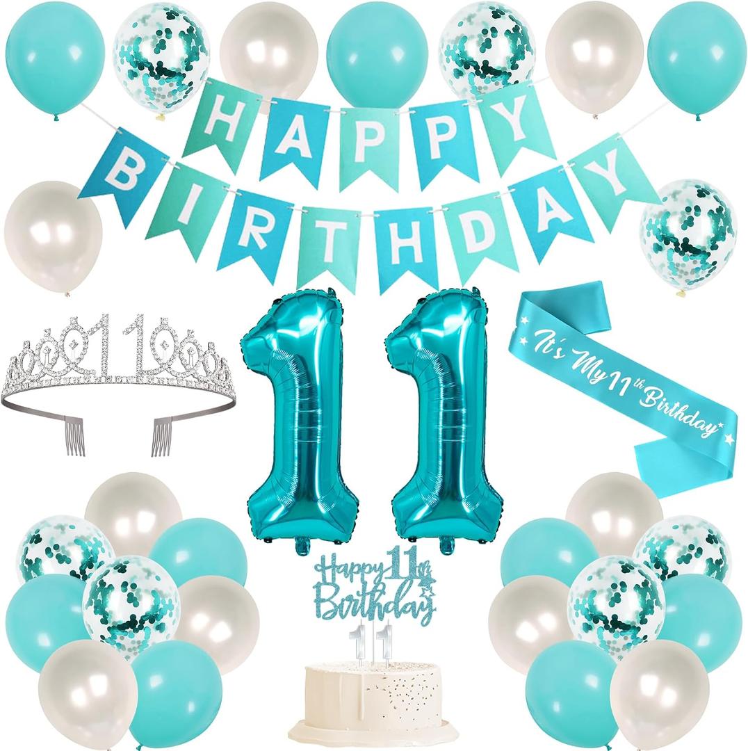 Trgowaul 11th Birthday Decorations for Girls, Banner, 11 Years Old Sash and Crown, Cake Topper, 11 Number Balloon, Teal Blue 11th Birthday Party Supplies