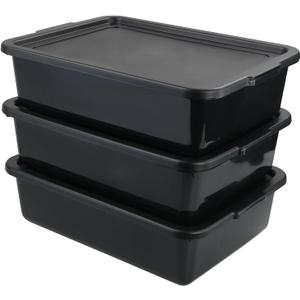 Pack of 3 Food Service Bus/Utility Tote Box with Lid, Plastic Restaurant Dish Tub, 13 L, Black