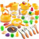 56Pcs Mini Play Kitchen Accessories for Kids, Pretend Cooking Playset with Cookware, Tableware & 2 Fruit Sets, Learning Gift for Girls, Boys, Toddlers, Yellow