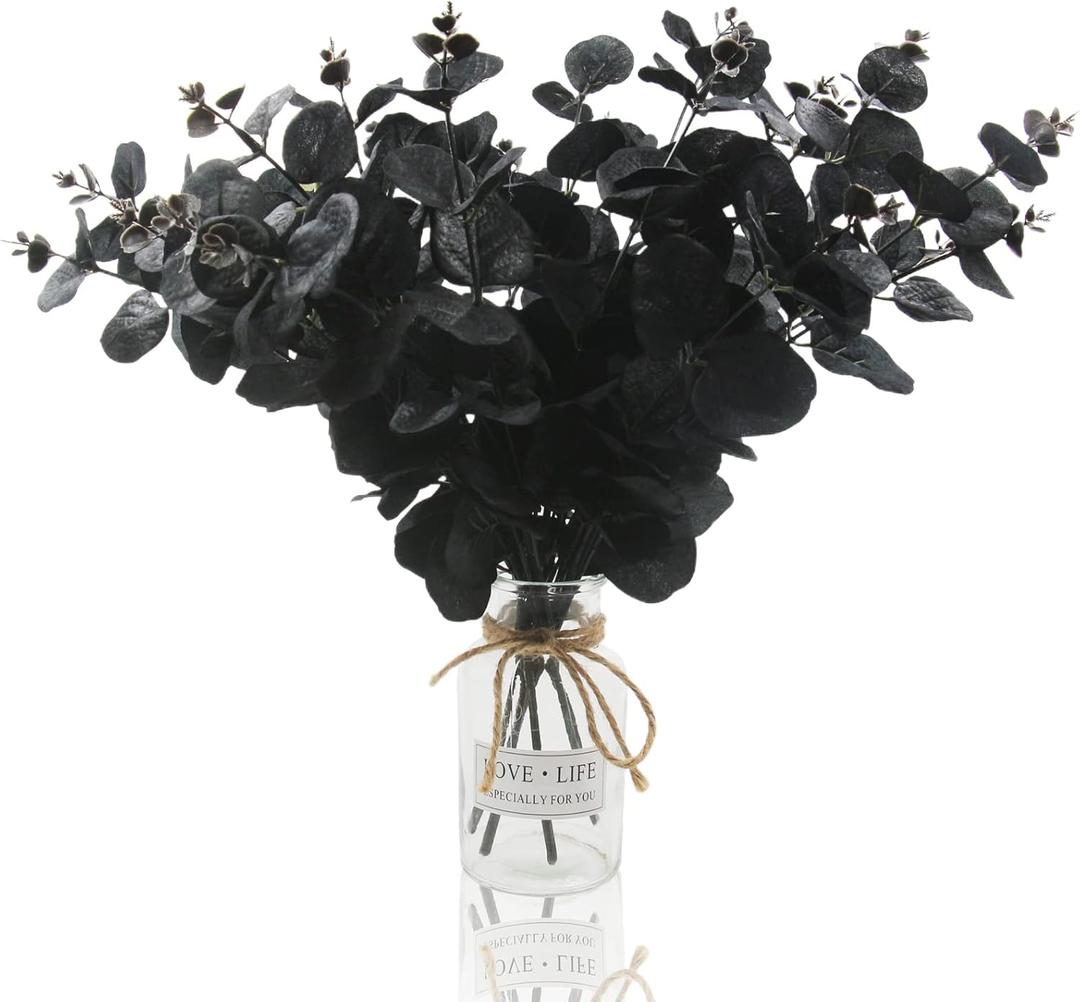 Hananona 6 Pcs Artificial Black Eucalyptus Stems, 14" Eucalyptus Leaves Branches Bouquet for Flower Arrangement DIY, Black Silk Flowers for Home Halloween Farmhouse Decor (Black, 6)