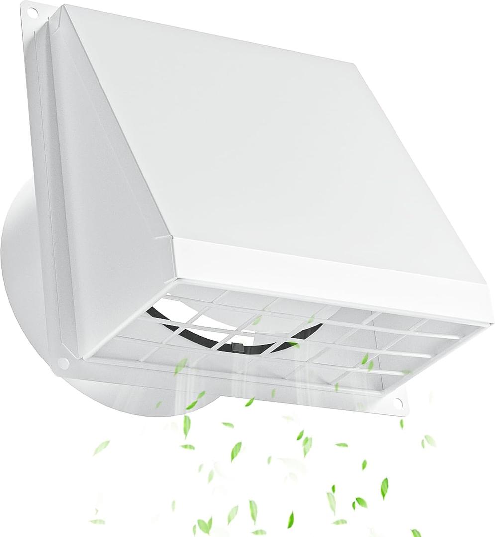 Hon&Guan Dryer Vent Cover Outside with Removable Mesh, Wall Mount Extractor Vent with Rubber Cushioned Non-Return Flap, Metal Outside Dryer Vent Cover for House (White, 4 Inch)