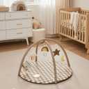 Blissful Diary Baby Play Gym Mat, Play Mat Activity Mat with 6 Detachable Toys for Stage-Based Sensory & Motor Skill Development, Easy to Install & Clean, Baby Essentials Gift, Brown Checkerboard