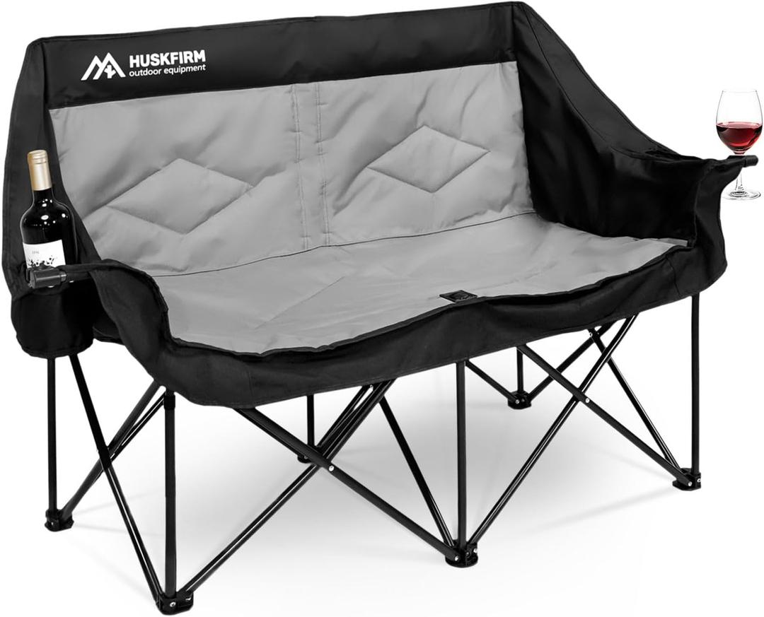 Huskfirm 2 Person Camping Chair Oversized Loveseat Camping Chair Double Camping Chairs for Adults Heavy Duty Camping Couch Black Outdoor Folding Chair Portable Patio Lawn Chair, Non-heating