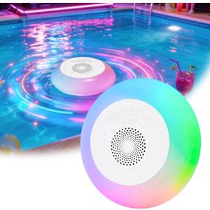Floating Pool Speaker with Colorful Lights, IP68 Waterproof, Wireless Bluetooth, Built-in Mic, Surround Sound, for Outdoor Use and Hot Tubs (White)