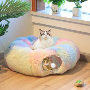 Cat Tunnel Bed for Indoor Winter, Warm Fluffy Plush Multicolored Donut Game with Central Mat, 2-in-1 Design Pet Playground Toys Hide Place for Indoor Kitten Puppy Rabbit Ferret