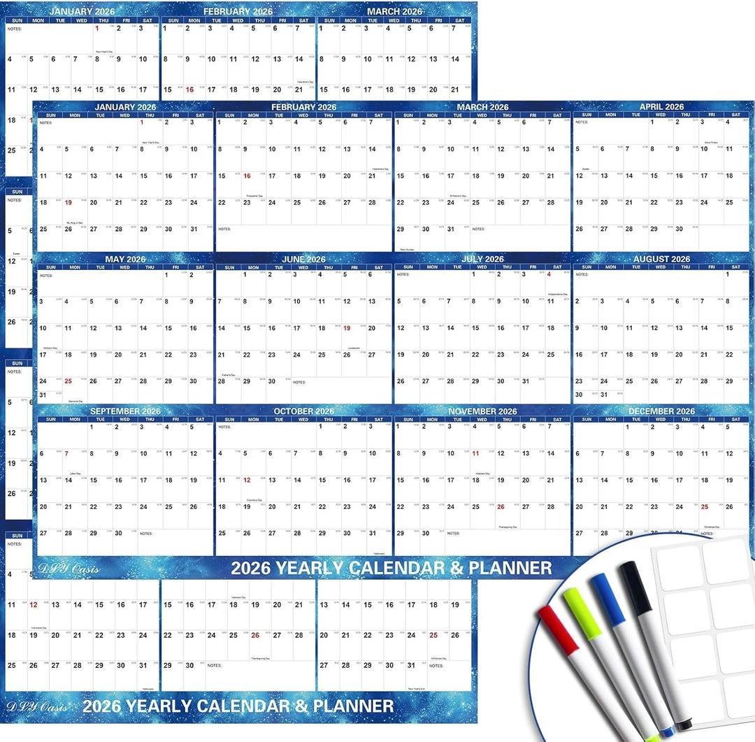 24" x 36" 2026 Wall Calendar Dry Erase - Large Starry Sky Calendar Wet & Dry Erasable Laminated 12 Month Annual Yearly Planner, Reversible, Horizontal/Vertical, with Major Holidays Julian Dates