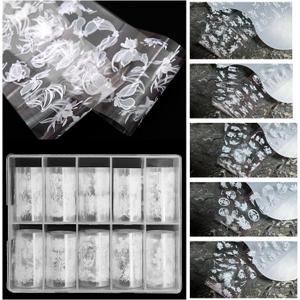 JERCLITY 10 Rolls White Flowers Nail Foil Transfer Sticker Kit Flower Foil Nail Wraps