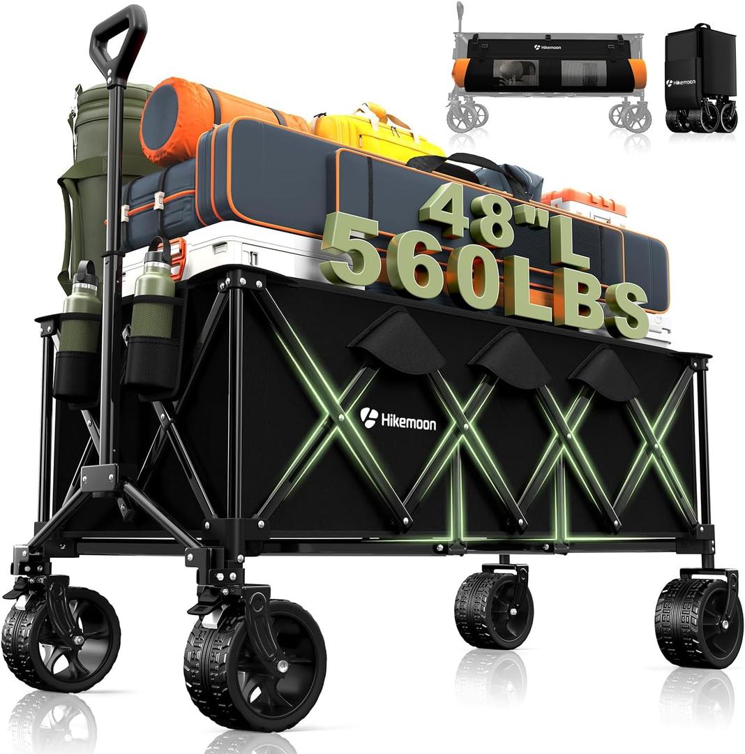 48"L Collapsible Wagon Cart Foldable, 560LB Weight Capacity 300L Heavy Duty Folding Beach Wagon with All-Terrain Big Wheel, Utility Wagon for Grocery, Shopping, Garden, Sports, Camping, Black (Balck)