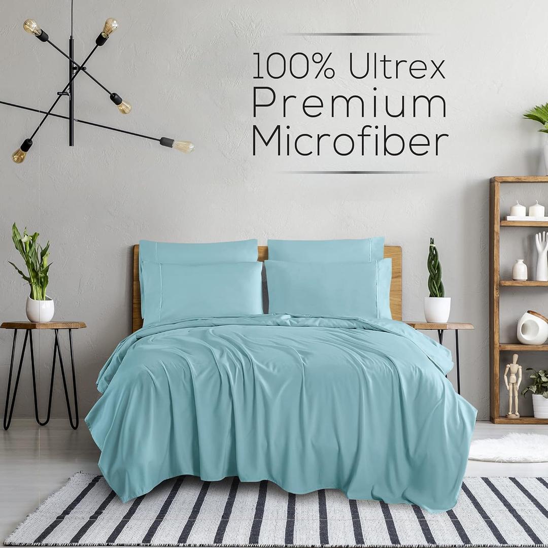 Mueller Luxury 6 PC Full Size Bed Sheets, Super Soft 1800, Deep Pocket up to 16" Full Size Sheets, Transfers Heat, Breathes Better, Hypoallergenic, Wrinkle-Resistant, Oeko-TEX, Light Teal