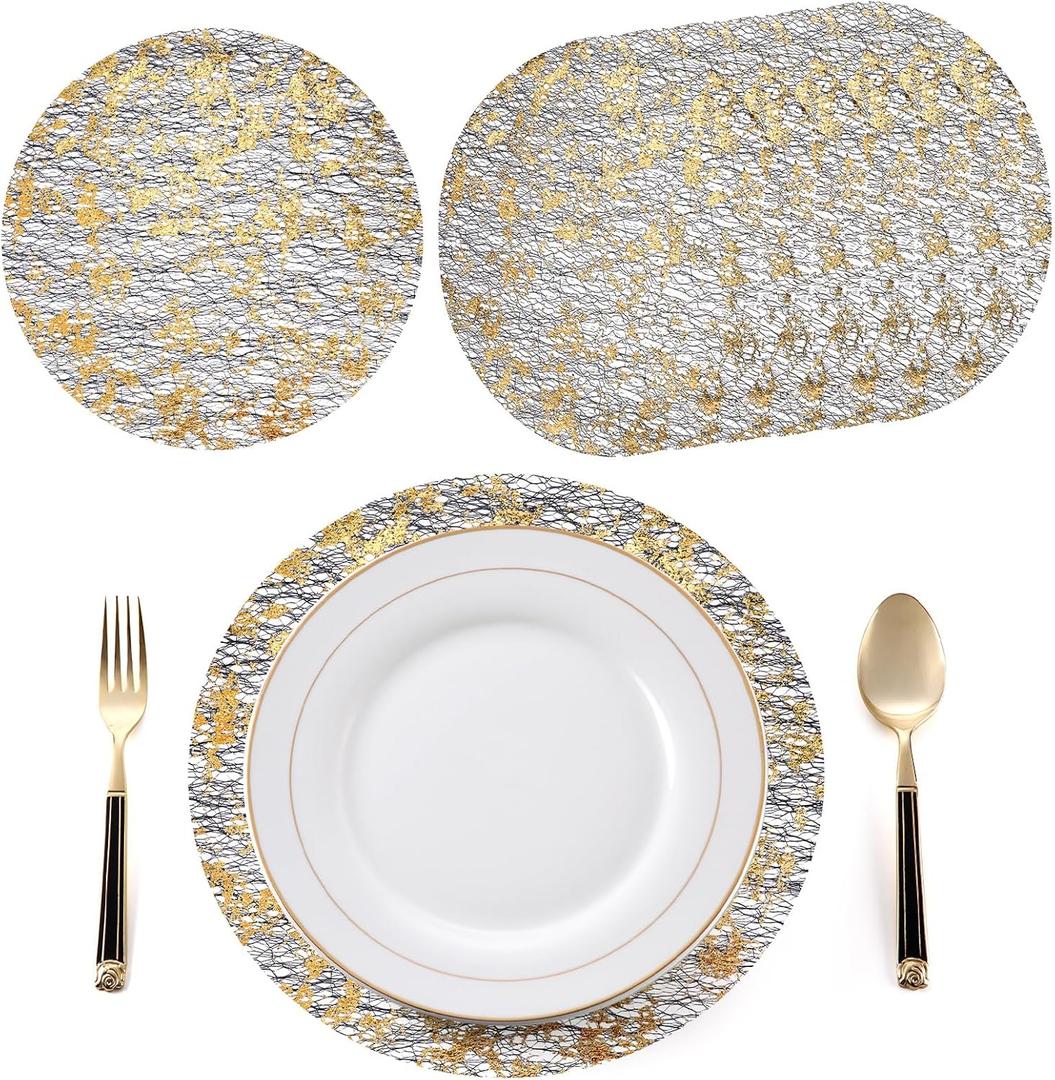 Baderke 100 Pcs Black and Gold Placemats Metallic Mesh Round Table Mates 13 Inch Polyester Mesh with Foil Table Placemats Metallic Doilies for Dining Wedding Birthday Party Home Decoration