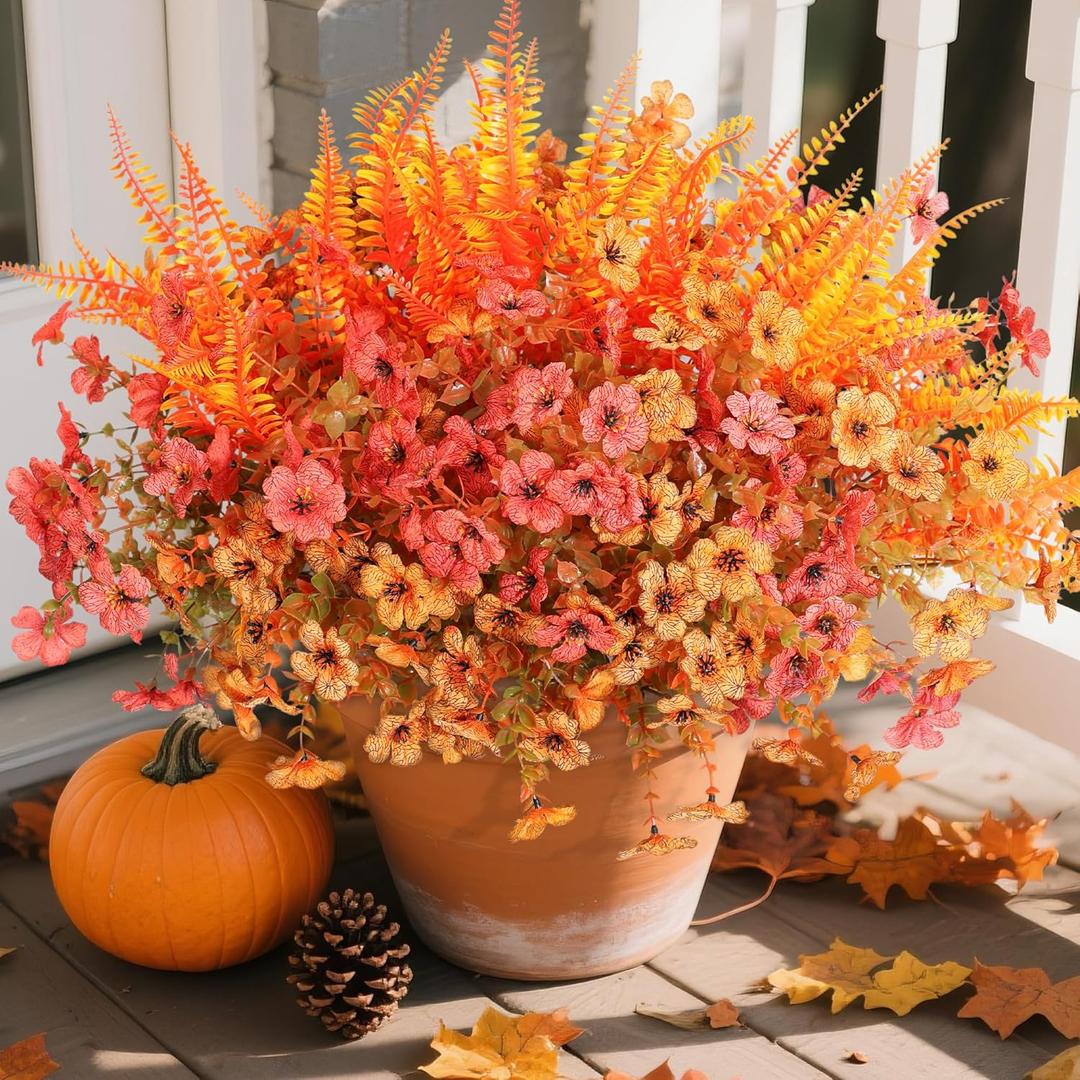 HyeFlora Artificial Fall Flowers Fake Mums Plants for Outdoors Decoration, 14 Bundles Faux Silk Daisy and Ferns UV Resistant Autumn Fake Planter for Home Porch Patio Yard Window Box (Fall Orange Fall Yellow)