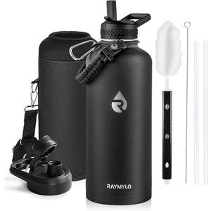 RAYMYLO Insulated Water Bottle 87 oz, Triple Wall Vacuum Stainless Steel (Cold for 48 Hrs), Leak Proof & Non-BPA, Modern Water Flask Jug with Paracord Handle & Straw Spout Lids, Ombre: White/Black