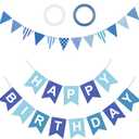 Blue Happy Birthday Banner With 12Pcs Pennant Flags, Paper Bunting for Kids Adults Party Supplies (Blue Pull Flag + Small Color Flag)