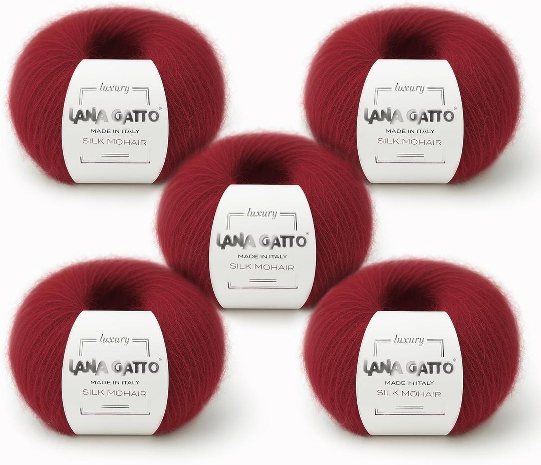 Silk Mohair Yarn for Knitting  Lace Weight Mohair Yarn with Silk, Made in Italy  Red-6026, 5 Skeins