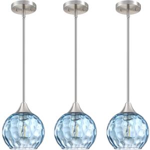 Hanging Modern Farmhouse Pendant Light Fixture,6.3" Hammer Globe Blue Glass 3 Pack Mini Pendant Lighting Brushed Nickel Finish for Kitchen Island Dinning Over Sink Living Room Decor