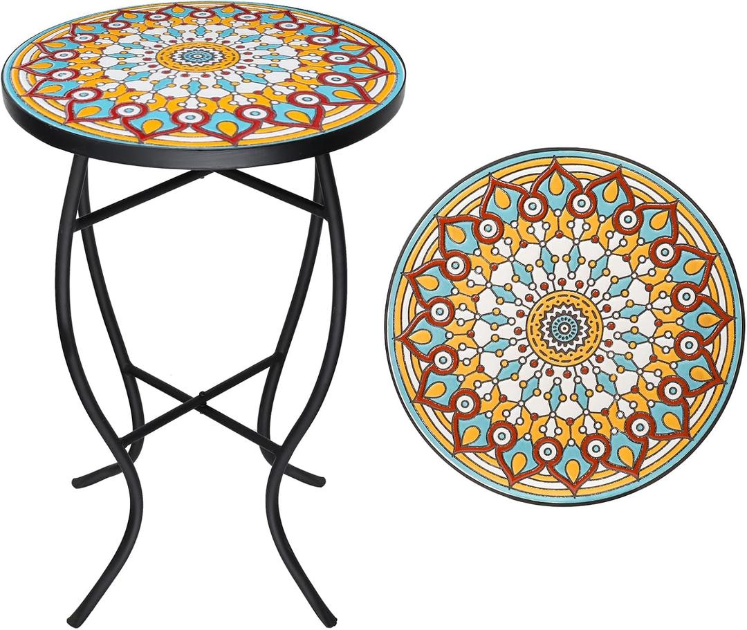VCUTEKA Mosaic Outdoor Side Table - Small Patio Table Coffee Outside Accent Tables Round End Plant Tables for Bistro Balcony Porch Outdoor Benches 14'' Multi Yellow, 14 inches x 14 inches x 21.85 inches