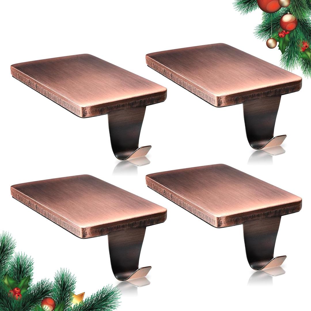 HMASYO Christmas Stocking Holders for Mantle Set of 4, Heavy Duty Iron Stocking Hangers Base, Low Profile Weighted Stocking Holder Hooks for Fireplace Tabletop Shelf Christmas Decoration, Copper